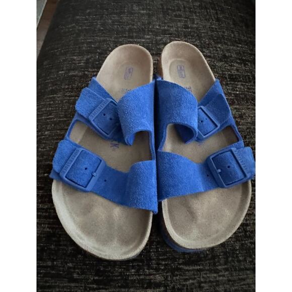 Birkenstock Bright Blue Suede Slides SZ 38 Made in Germany - Picture 2 of 5